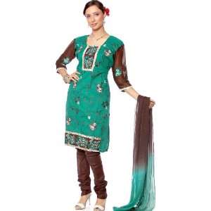   Green Choodidaar Suit with Ari Embroidery and Gota Work   Pure Cotton