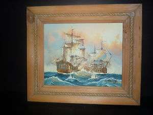 NAUTICAL OIL PAINTING BY J HARVEY  TWO OLD BATTLESHIPS AT WAR SIGNED 