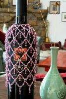 ROSE PINK BEADED DOUBLE DANGLE WINE BOTTLE COVER, More  