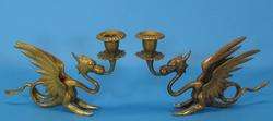 Antique English Griffin Brass Candle Holders c 1890  