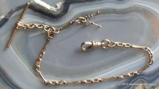 Antique gold filled 8.5 long pocket watch chain with snap hook, T bar 