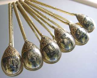 Russian antique SILVER GILT & NIELLO Kremlin churches six spoons set 