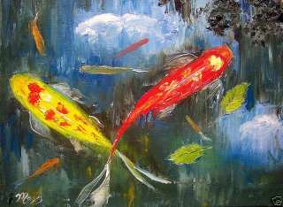 ORIGINAL OIL Painting KOI FISH ART Palette knife MAZZ 9 x 12 Palette 