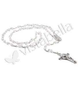    Silver Tone White Rosary Beads Crucifix Cross Necklace Jewelry