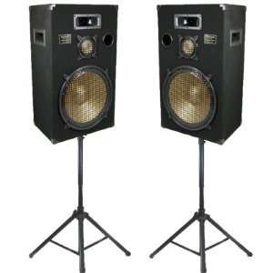Speakers 15 Three Way Pro Audio Monitor Pair and Stands DJ Set for PA 