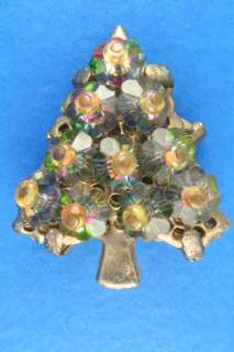 ANTIQUE ELABORATE CHRISTMAS TREE PIN BROOCH w/ CRYSTAL FLOWERS  