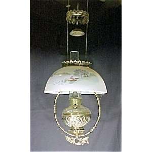  Antique Hanging Oil Lamp Brass & Painted Shade