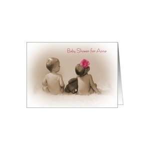 Baby Shower Invitation for Anna, little boy and girl with pink flower 