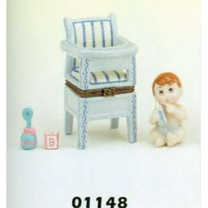 Porcelain Hinged Boxes Baby w/ Milk Bottle in Blue High Chair Keepsake 