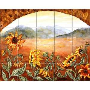 Sunflowers Kitchen Backsplash Tile Art Mural by Linda Paul Studio 24 x 