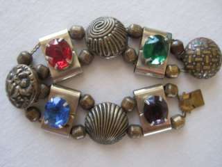 Floral Shell Bronze Copper & Rhinestone Charm Bracelet 7.75  