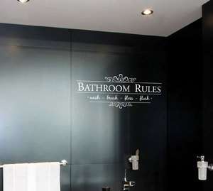 Bathroom Rules   wash   brush   floss   flush Vinyl Wall Quote Decal 