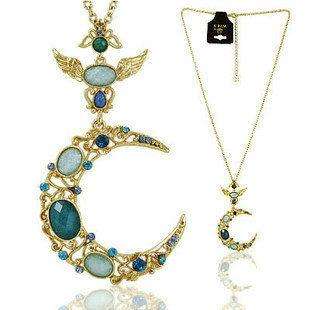 Gold Plated Blue Glitter Stones Moon Celestial Necklace Pendant  