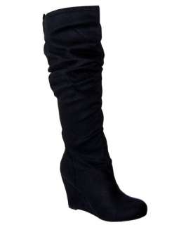 Trendy Chic Slouchy Suede Knee High Wedge Boots Black All Size  