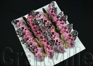 12 PINK CARNATION Design FEATHER WOOD BUTTERFLY 5cm  