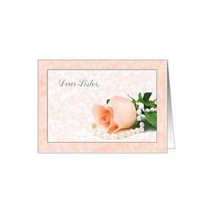  Bridesmaid Request to Sister, Peach Rose with Pearls Card 