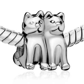PUGSTER TWIN CATS SILVER PLATED BEAD FOR BRACELET D25  
