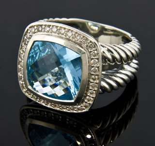 David Yurman Albion 11mm Blue Topaz and Diamond Ring. Made of .925 