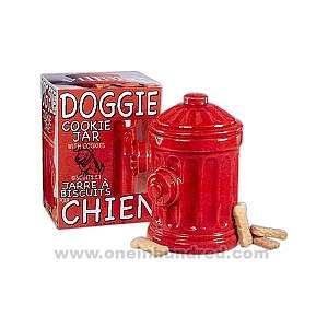 Dog treat cookie jar with dog cookies, in shape of a fire hydrant.
