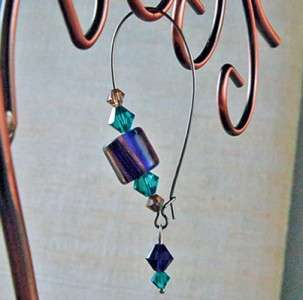   CRYSTALS PURPLE TEAL CANE GLASS HYPOALLERGENIC KIDNEY WIRE EARRINGS
