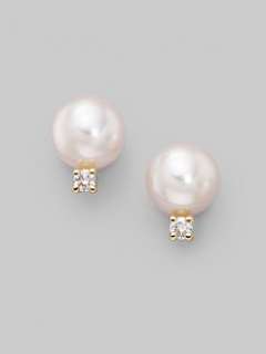     6MM White Cultured Pearl, Diamond & 18K Yellow Gold Earrings