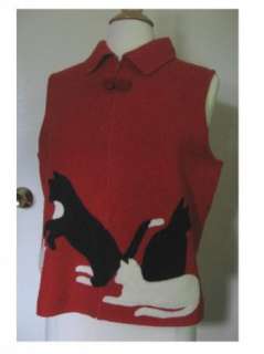 COLDWATER CREEK Red Boiled Wool Vest w/ Black and White KITTIES Cats M 