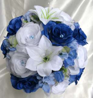 Wedding Bouquet Bridal Silk flowers ROYAL LILY PERIWINKLE BLUE17pc 