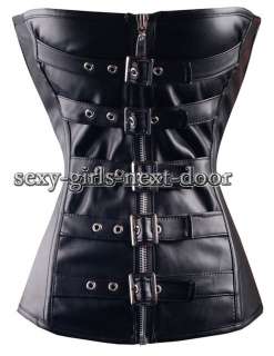 Goth BLK Genuine Leather CORSET BustierMetal Zipper L A088_black