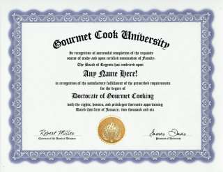 GOURMET COOKING DIPLOMA COOK FINE FOOD CHEF  GAG GIFT  