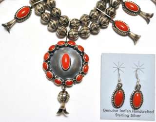 Navajo Coral Squashblossom Necklace & Earrings Set   LFK  