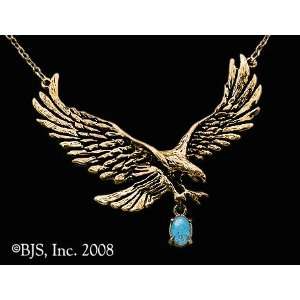 Large Eagle Necklace with Gem, 14k Yellow Gold, Turquoise set gemstone 