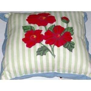  Green Stripes & Poppy Flower Throw Pillow Accent Toss 