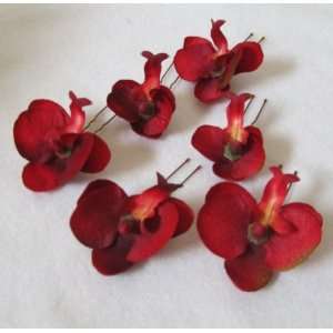    Red Orchid Cluster Flower Hair Bobby Pin   Set of 6: Beauty