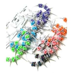  Hematite Clustered Beads & Spikes Hoop Dangle Earrings 