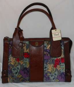 Fossil Vintage Re Issue Leather & Dark Floral Satchel Bag Purse NWT 