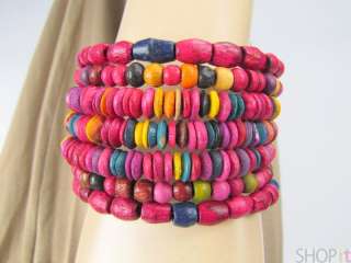Zad Coil Bracelet Wood Beads Beaded Bangle Fuchsia Pink  