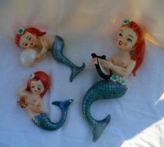 Set of 3 Vintage Lefton Mermaids Red Hair Blue Eye Teal Ceramic Wall 