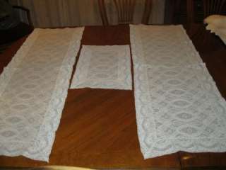 TWO VINTAGE OFF WHITE NET LACE TABLE RUNNERS 13 1/2 X 39 & DOILIE 10 