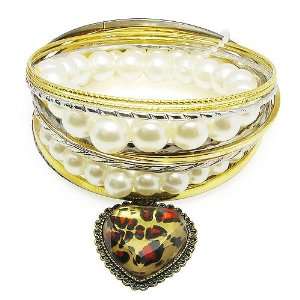   Leopard Love Heart Embellished Pearls Multi layer Bracelet (Valentine