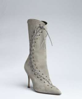 Manolo Blahnik grey suede curved corseting zip up Lustra boots