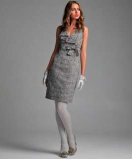 Red Valentino grey wool blend tweed ruffle and bow detail v neck dress