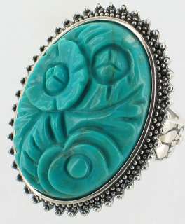   SILVER AMY KAHN RUSSEL AKR HUGE CARVED TURQUOISE FLOWER RING 10  