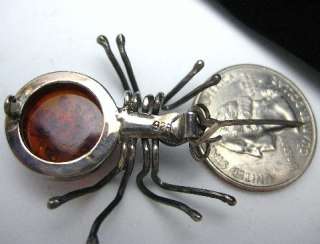 Natural Amber Spider Pin Brooch Sterling Silver Insect Bug 925 Vtg 