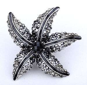 Black gray crystal starfish stretch ring jewelry;matching pin bracelet 