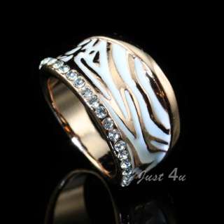   Gold Plated White Enamel Zebra Stripes Swarovski Crystal Fashion Ring