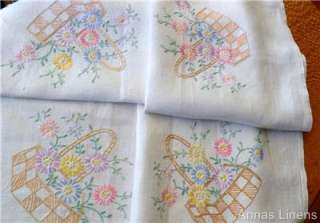 Vintage Pure Linen Tablecloth Hand Embroidered Pastel Flower Baskets 
