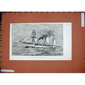    1887 Antique Print H.M.S Wasp Sailing War Ship Sea