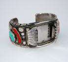 OLD PAWN Navajo Signed LEO THOMAS ♥ TURQUOISE CORAL Sterling Cuff 