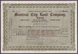 1911 Canada Montreal City Land Company Stock Cert  