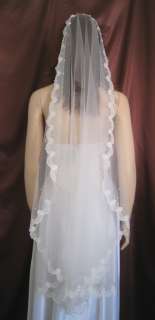 1T White Fingertip/Waltz Pearl Beaded Lace Wedding Veil  